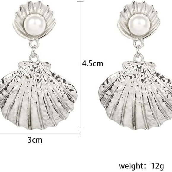 Silver Boho Shell Drop Earrings with Imitation Pearl for Women Holiday Jewelry - Picture 2 of 8